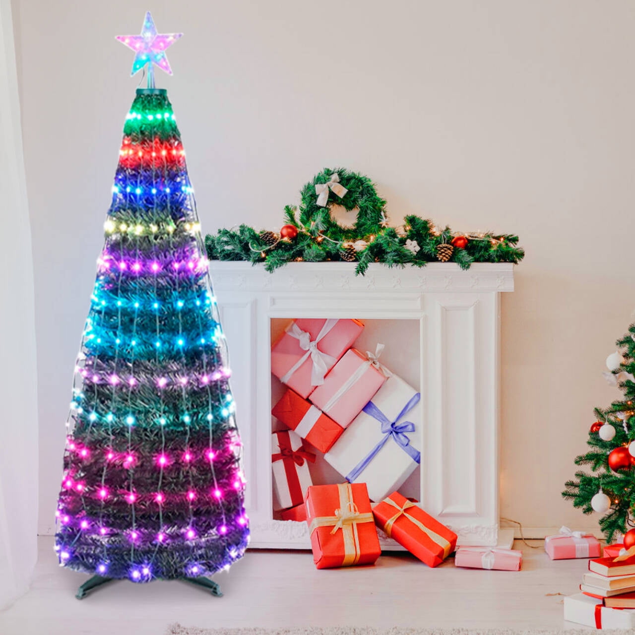 4.9FT Collapsible Christmas Tree with 166 LED Lights,  IP65 Waterproof Artificial Christmas Tree with Remote App Control Timer Setting for Xmas Holiday Party Fireplace Decor