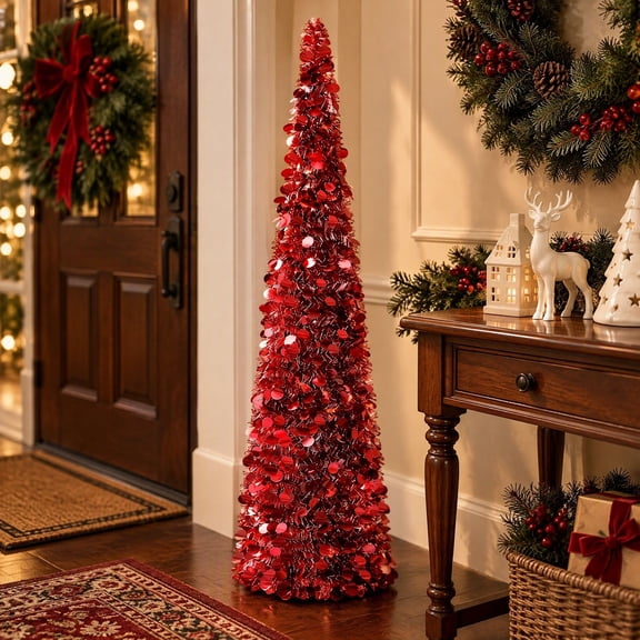 4.9FT Foldable Christmas Cone Tree Ornament, Collapsible Tall Holiday Cone Tree Decoration, Festive Living Room and Porch Winter Display, Easy Storage Seasonal Decoration