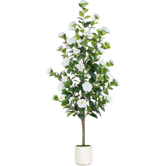 4.9ft White Camellia Artificial Tree with Pot for Indoor Outdoor Use