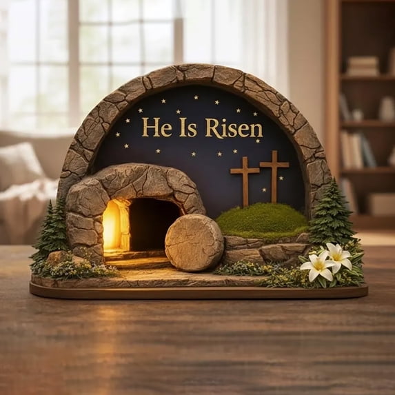 4.9in He Is Risen Easter Wooden Ornament 2D Hollow Resurrection Scene Tabletop Decor Religious Easter Lily Cross Decor for Home Office Display