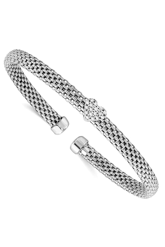 4.9mm 925 Sterling Silver Rhodium Plated Polished Cubic Zirconia Love Heart Mesh Cuff Stackable Bangle Bracelet Cuff Bra