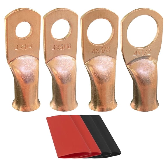 4 AWG-3/8" Ring (M10) 6 pk Battery Lugs, Copper Lugs, Battery Cable Ends, Tubular Ring Terminals, Crimp Wire Ring Lugs, Battery Terminal Connectors with Heat Shrink Tubing