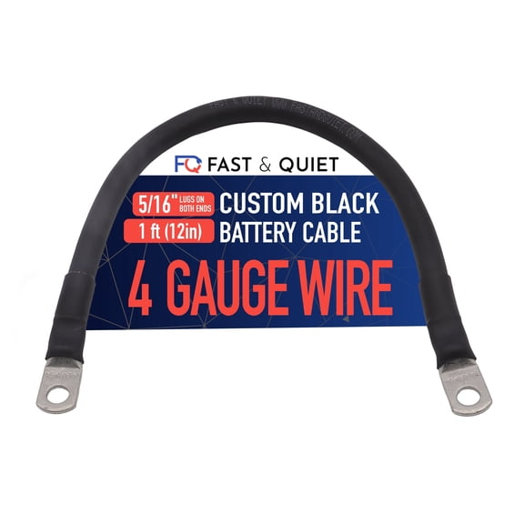 4 AWG Battery Cable with Battery Terminals, Pure Copper Wire, Automotive, Solar Power Inverter, Welding, Golf Cart, Lawn Mower, Motorcycle (Black Wire, 1 FT (12 in), 5/16" Lugs on Both Ends, 1pc)