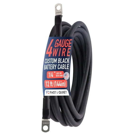 4 AWG Battery Cable with Battery Terminals, Pure Copper Wire, Automotive, Solar Power Inverter, Welding, Golf Cart, Lawn Mower, Motorcycle (Black Wire, 12 FT (144 in), 1/4" Lugs on Both Ends, 1pc)