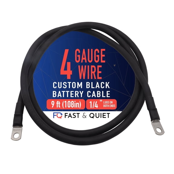 4 AWG Battery Cable with Battery Terminals, Pure Copper Wire, Automotive, Solar Power Inverter, Welding, Golf Cart, Lawn Mower, Motorcycle (Black Wire, 9 FT (108 in), 1/4" Lugs on Both Ends, 1pc)