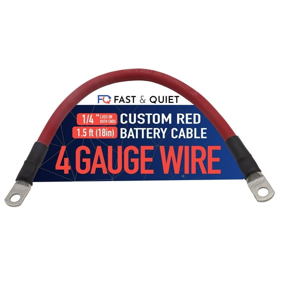 4 AWG Battery Cable with Battery Terminals, Pure Copper Wire, Automotive, Solar Power Inverter, Welding, Golf Cart, Lawn Mower, Motorcycle (Red Wire, 1.5 FT (18 in), 1/4" Lugs on Both Ends, 1pc)