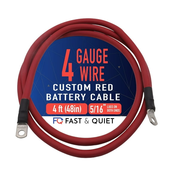 4 AWG Battery Cable with Battery Terminals, Pure Copper Wire, Automotive, Solar Power Inverter, Welding, Golf Cart, Lawn Mower, Motorcycle (Red Wire, 4 FT (48 in), 5/16" Lugs on Both Ends, 1pc)