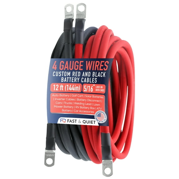 4 AWG Battery Cables with Terminals, Positive and Negative Wires Pure Copper, Auto, Solar Power Inverter, Welding, Golf Cart, Motorcycle (Red and Black, 12 FT (144 in), 5/16" Lugs on Both Ends, 2pcs)