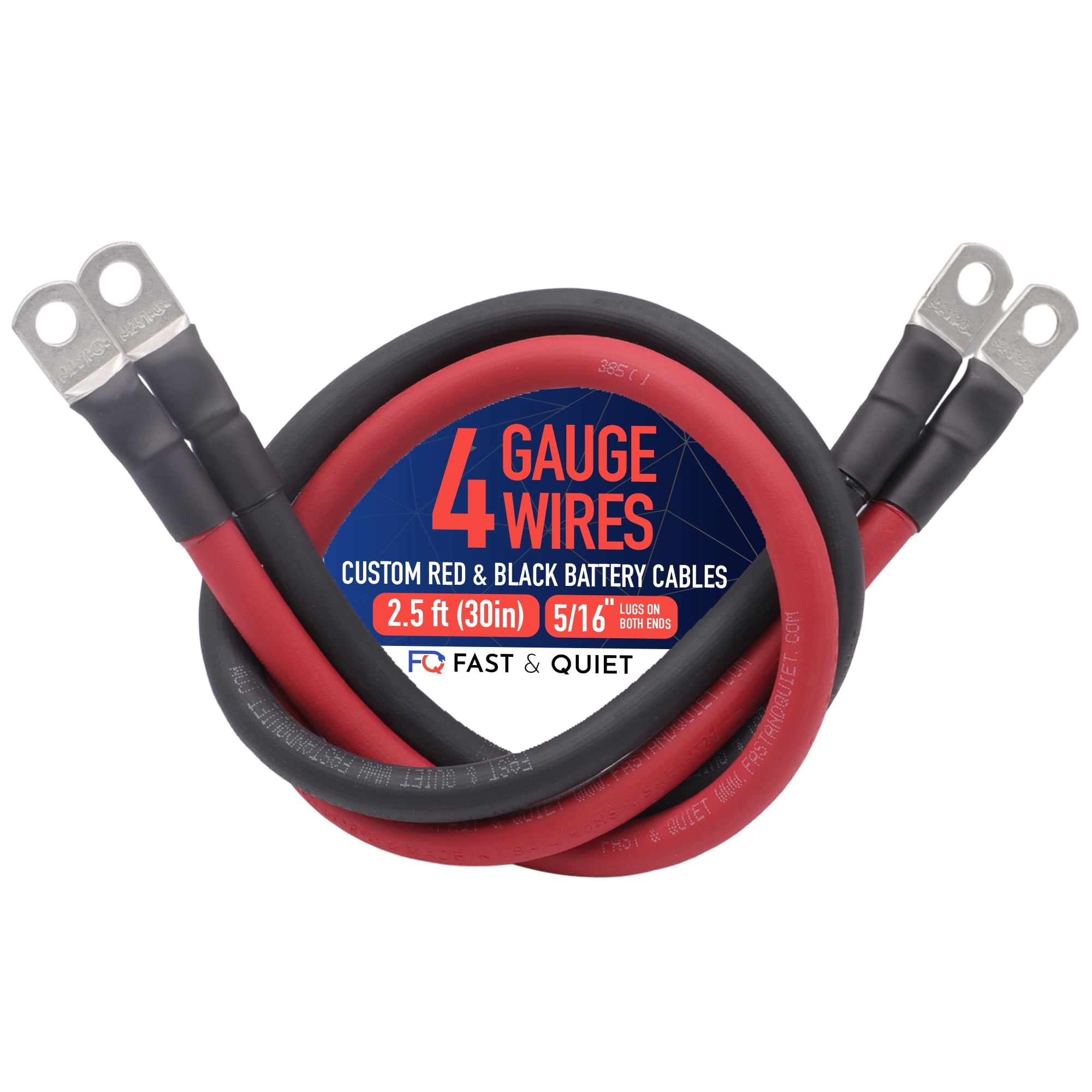 4 AWG Battery Cables with Terminals, Positive and Negative Wires Pure Copper, Auto, Solar Power Inverter, Welding, Golf Cart, Motorcycle (Red and Black, 2.5 FT (30 in), 5/16" Lugs on Both Ends, 2pcs)