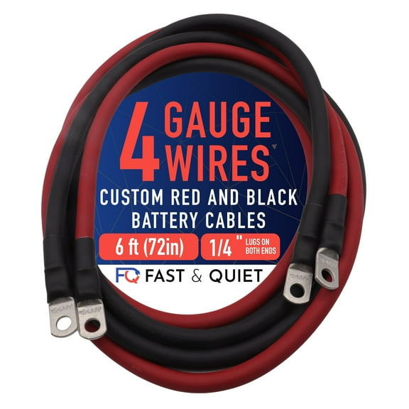 4 AWG Battery Cables with Terminals, Positive and Negative Wires Pure Copper, Auto, Solar Power Inverter, Welding, Golf Cart, Motorcycle (Red and Black, 6 FT (72 in), 1/4" Lugs on Both Ends, 2pcs)