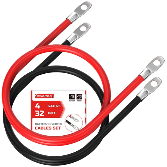 4 AWG 32 Inch Pure Copper Battery Inverter Cables with 3/8" Tabs on Both Ends Set for Automotive Solar Power Inverter Marine Boat RV Car Motorcycle