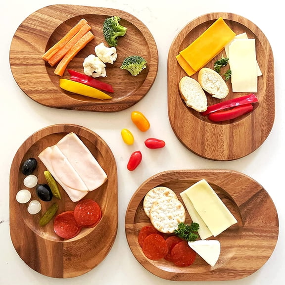 4 Acacia Wood Individual Oval Serving Trays, Perfect for Serving, Sushi, Cheese, Hors d'oeuvre, Charcuterie, Sandwiches, by Woodard & Charles, 4 Piece Set, 10" x 7"