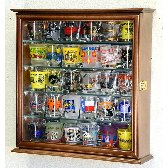 4 Adjustable Shelves Shot Glass Shotglass Shooter Mini Liquor Display Case Cabinet w/Mirror Back -Walnut