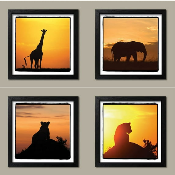 4 African Safari Animals Silhouettes Giraffe Elephant Lion; 4 - 12" x 12" Black Polystyrene Frames