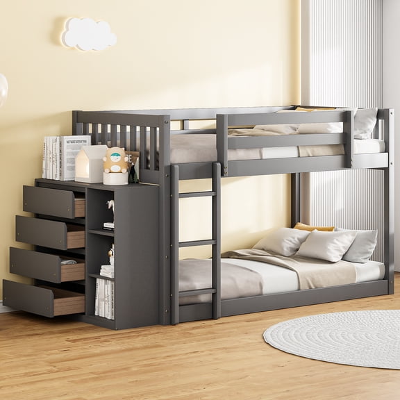 4 And 3-shelf Gray Twin Over Bunk Bed For In With Bedside Drawers Shelves