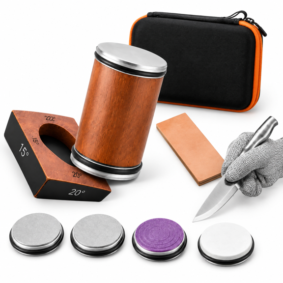 4 Angles Manual Sharpening System with 3.86" Wooden Roller, Ceramic Discs and Leather Strop