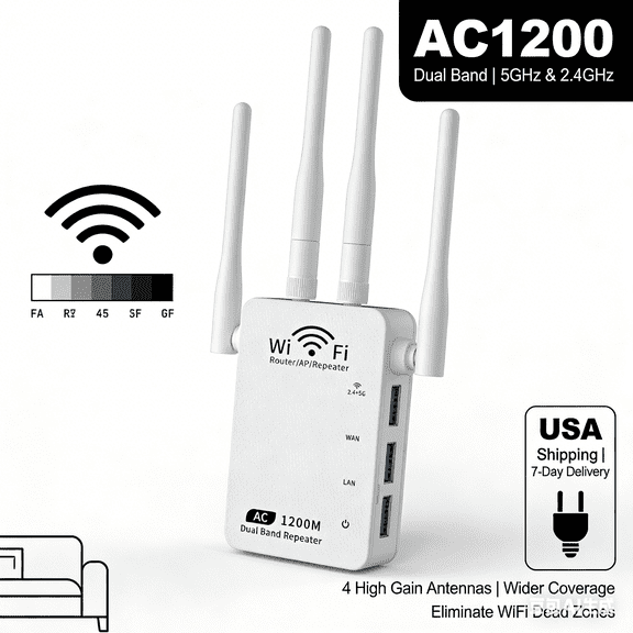 4 Antenna Signal Extender 5G High-Speed Expansion WiFi Booster Plug and Play Signal Amplifier Dual Band 1200M Wireless Network Signal Booster for Living Room Home Office US Plug...