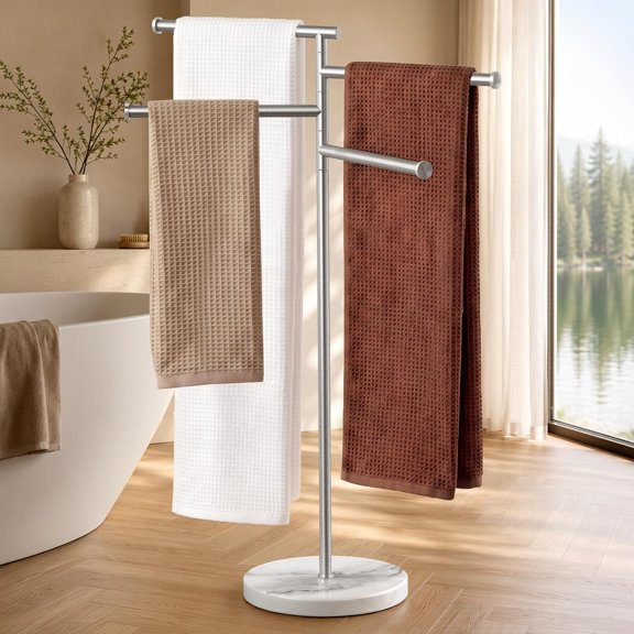 4-Arm 40 Inch Free Standing Towel Rack, Natural Marble Base, Brushed