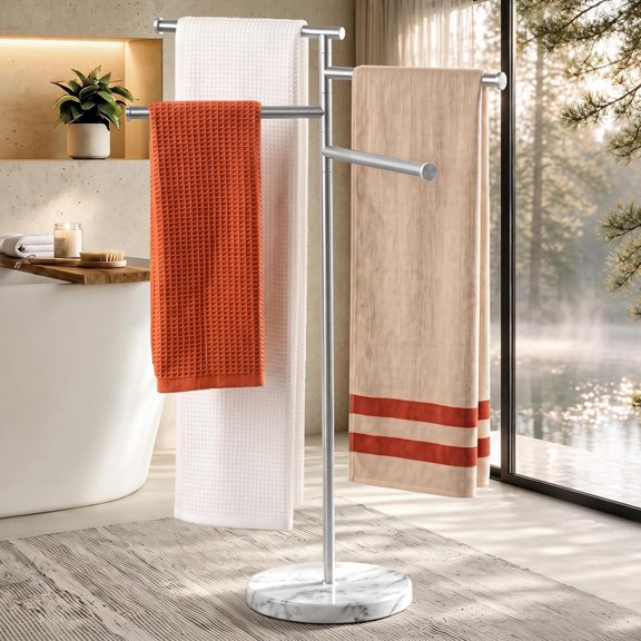 4-Arm 40 Inch Free Standing Towel Rack with Natural Marble Base and Swivel Bars