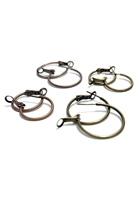 4 Assorted Pairs BdBeads Hoop Earrings, Antique Copper & Bronze, Omega Hinged Lever Back, 1 Inch & 3/4 Inch