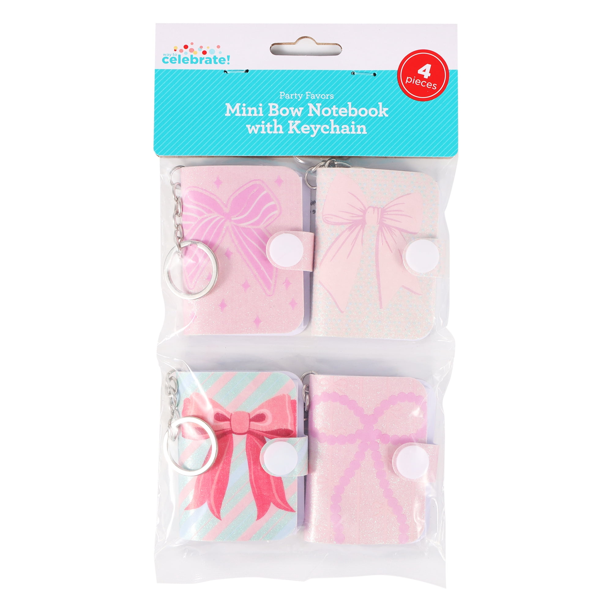 4 Count, Pink Mini Bow Notebook with Keychain, Party Favors, by Way To Celebrate
