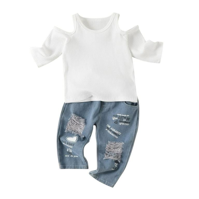 4 Baby 5 Piece Set Toddler Kids Baby Girls Long Sleeve Ribbed T Shirt Tops  Hole Crop Denim Jeans Long Pants 2PCS Outfits Clothes Set Thanksgiving 