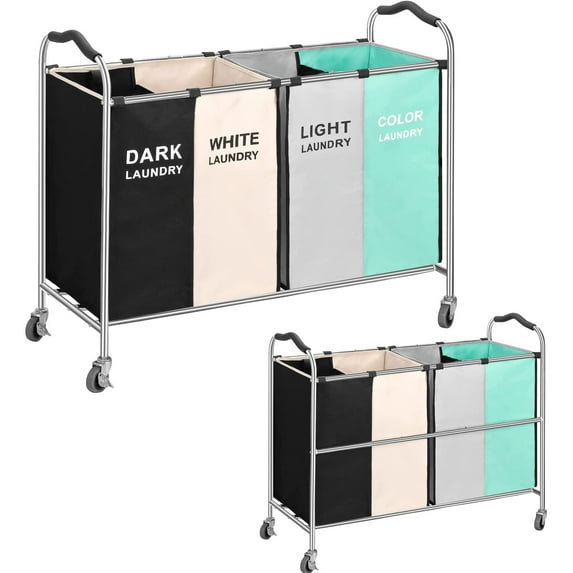 4-Bag Large Laundry Hamper,320L Laundry Basket Sorter with Frame and Wheels for Bathroom Bedroom Nursery Heavy Duty Laundry Cart Baskets for Dirty Clothes Toys Towel