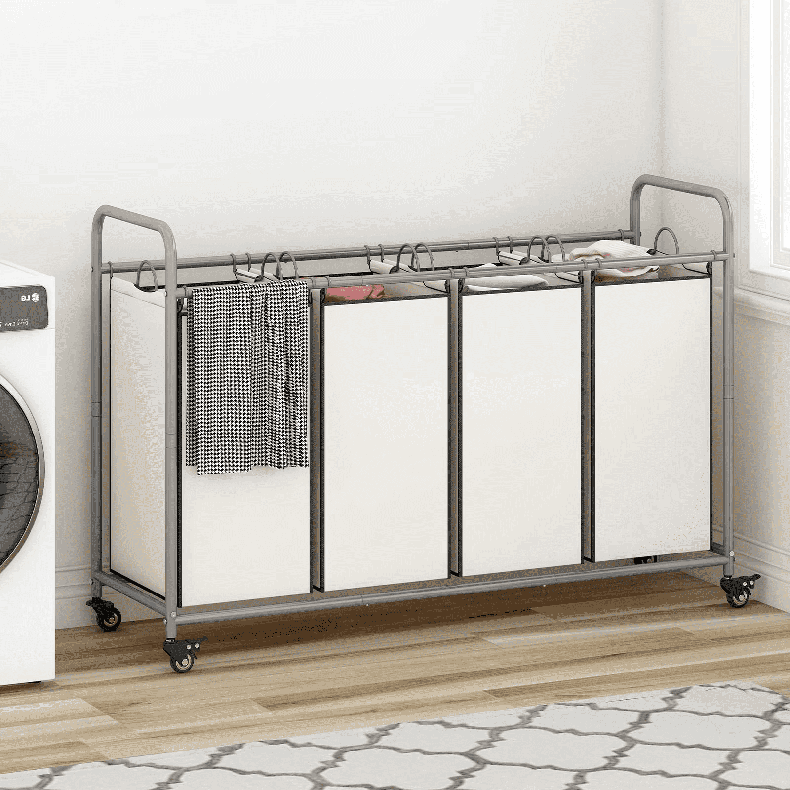4 Bag Laundry Basket Sorter Laundry Hamper Cart with Heavy Duty Rolling Lockable Wheels and Removable Bags Organiser