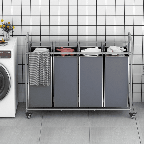 4 Bag Laundry Basket Sorter Laundry Hamper Cart with Heavy Duty Rolling Lockable Wheels and Removable Bags Organiser