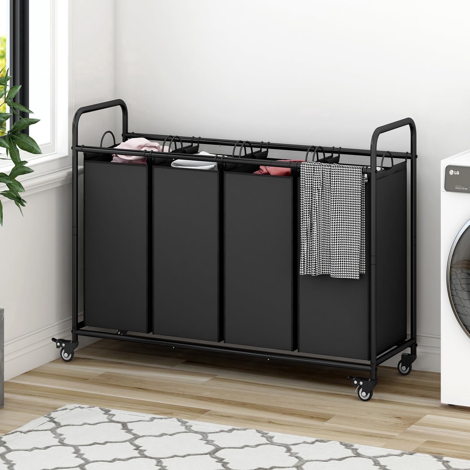 4 Bag Laundry Basket Sorter Laundry Hamper Cart with Heavy Duty Rolling Lockable Wheels and Removable Bags Organiser