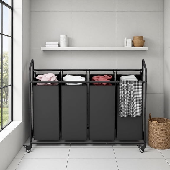 4 Bag Laundry Basket Sorter Laundry Hamper Cart with Heavy Duty Rolling Lockable Wheels and Removable Bags