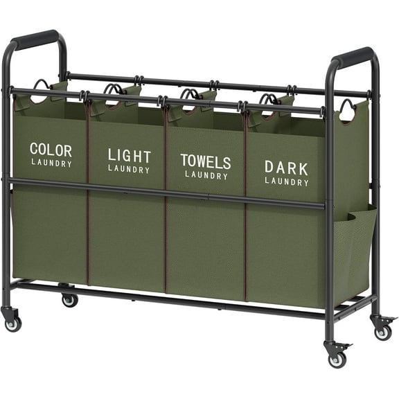 4 Bag Laundry Sorter Cart, 4 Section Laundry Hamper Sorter with Heavy Duty Lockable Rolling Wheels, Laundry Separator Hamper with Removable Bags for Dirty Clothes Storage, Green