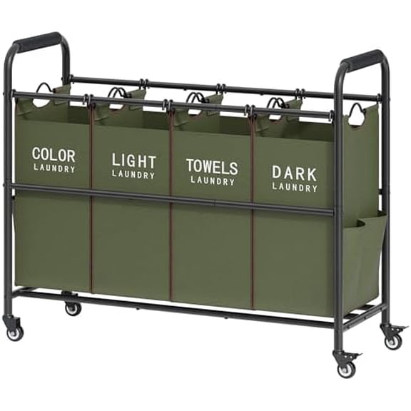 4 Bag Laundry Sorter Cart, 4 Section Laundry Hamper Sorter with Heavy Duty Lockable Rolling Wheels, Laundry Separator Hamper with Removable Bags for Dirty Clothes Storage, Green