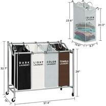 4 Bag Laundry Sorter Cart with Heavy Duty Lockable Wheels for Clothes Storage, Waterproof & Dustproof