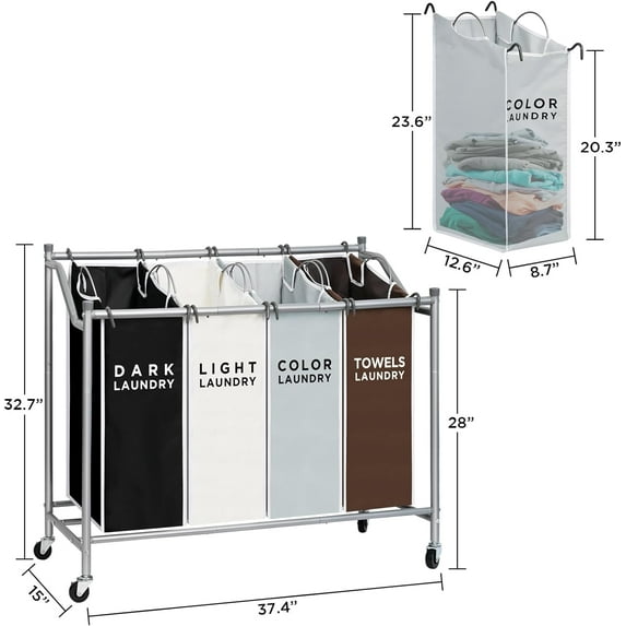 4 Bag Laundry Sorter Cart with Heavy Duty Lockable Wheels for Clothes Storage, Waterproof & Dustproof