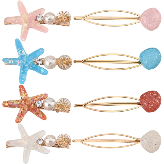 4 Bags 4 Colors Snap Hair Clips with Resin Starfish and Shell Mixed Color 60.5~78x20.5~40.5x12~12.5mm 1 bag/color