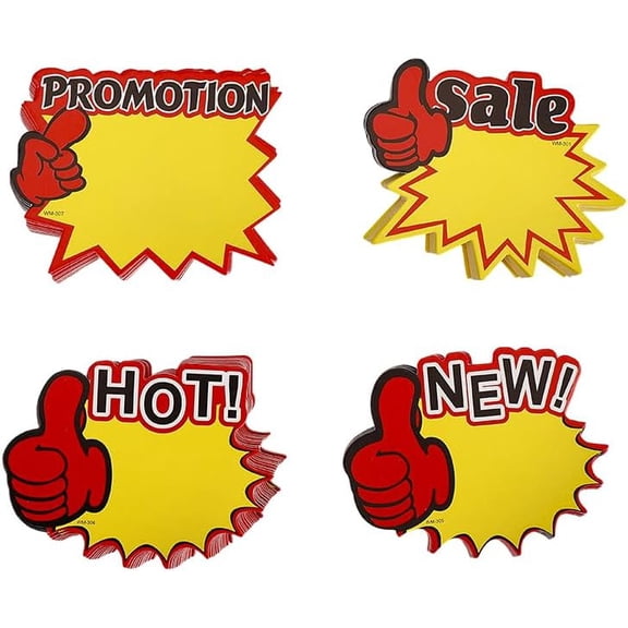 4 Bags 4 Styles Explosive Shape Word NEW Blank Signs Sales Price Label Tags for Retail Store Commerce Favors Display Yellow 9x7.5x0.03cm for DIY