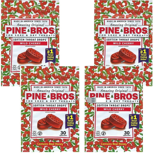 4 Bags Pine Bros. Softish Throat Drops Wild Cherry 30 count