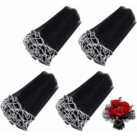 4 Bags Polyester Flower Bouquet Wrapping Mesh Paper with Plastic Imitation Pearl Edge Bouquet Packaging Paper Wrinkled Wavy Net Yarn for DIY