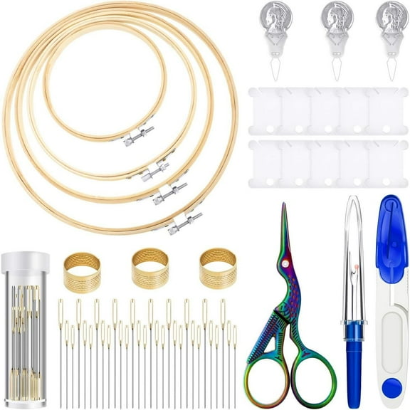 4 Bamboo Hoops Embroidery Starter Kit with Variety of Needles, Retro Scissors, Floss Bobbins, Seam Ripper, Needle Threaders, and Thimble for DIY Craft Sewing - Home Improvement