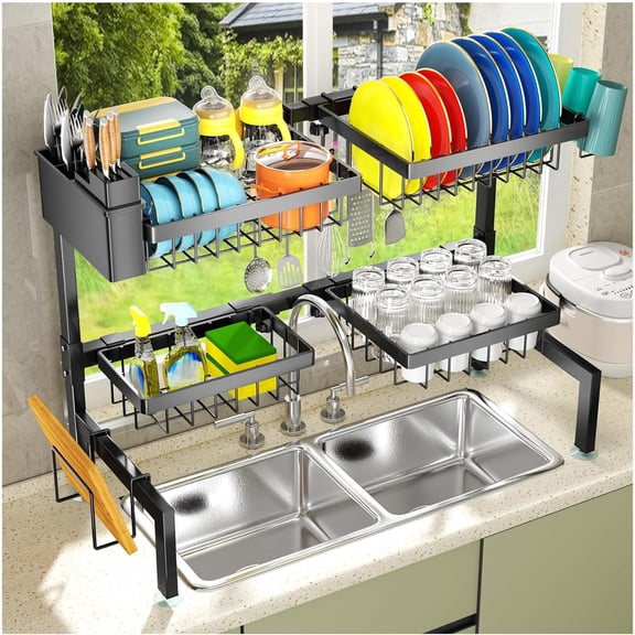 4 Baskets Over The Sink Dish Drying Rack, Extendable Large Capacity Sink Rack, Metal Drying Rack Saving Space,for Most Sinks (26.57"-35")