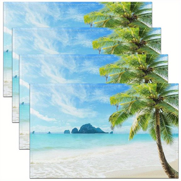 Of 4 Beach-Themed Placemats Measuring 12X18 Inches, Featuring Tropical Palm Trees, Ocean Waves, And a Sunny Coastal Nature Design, Perfect for a Brown Table