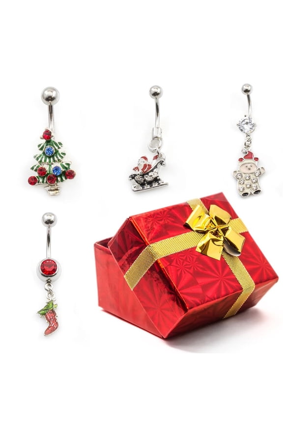 4 Belly Ring Pack + Holiday Gift Box - Tree Santa Stocking Snowman