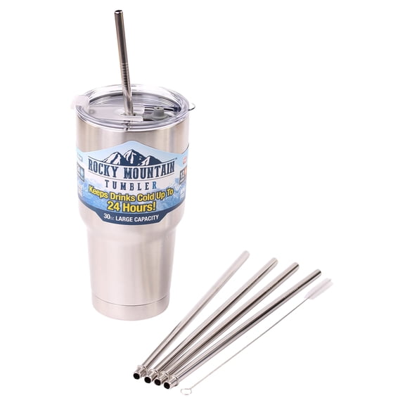 4 Bend Stainless Steel Straws for Rocky Mountain 30 Ounce Double-Wall Tumbler Vacuum Cup - CocoStraw Brand Drinking Straw TV (4 WIDE straws + Straw Lid)