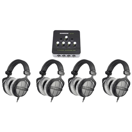 (4) Beyerdynamic DT-990-PRO-250 Studio Tracking Headphones+Samson Headphone Amp