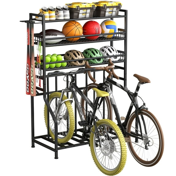 YOHKOH 4-Bike Garage Storage Rack, Heavy-Duty Floor Stand with 3-Tier Shelf for Indoor/Outdoor Use, Fits Mountain, Road, Hybrid, Fat Tire Bicycles