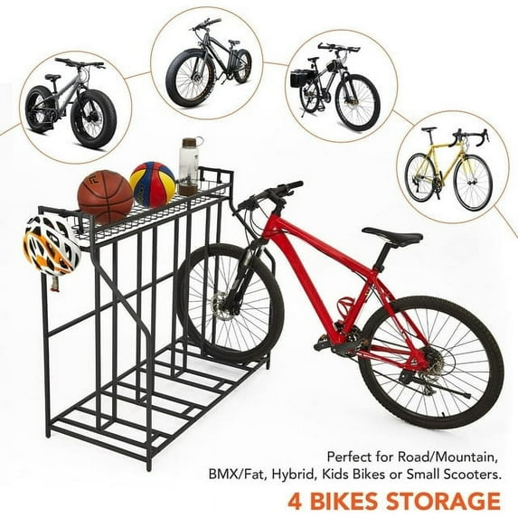 4 Bike Stand Rack with Storage – Indoor Outdoor Bike Storage, Metal Stationary Bike Stand for Parking Mountain/Road/Hybrid/Fat Tire & Scooters Bike Rack for Garage