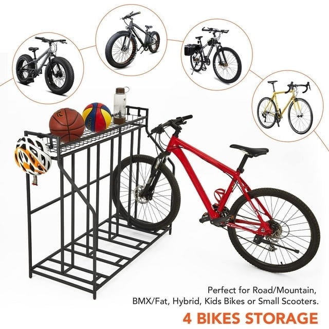 4 Bike Stand Rack with Storage Indoor Outdoor Bike Storage, Metal