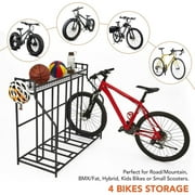 4 Bike Stand Rack with Storage – Indoor Outdoor Bike Storage,  Metal Stationary Bike Stand  for Parking Mountain/Road/Hybrid/Fat Tire & Scooters Bike Rack for Garage