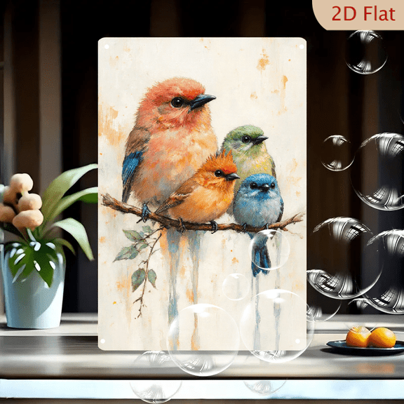 4 Birds on Branch Wall Art 8x12 Inch Metal Tin Sign, Painterly Watercolor Style Rusty Orange Blue Green Yellow Feathered Birds on Thin Branch with Cream Beige Background for Home Decor